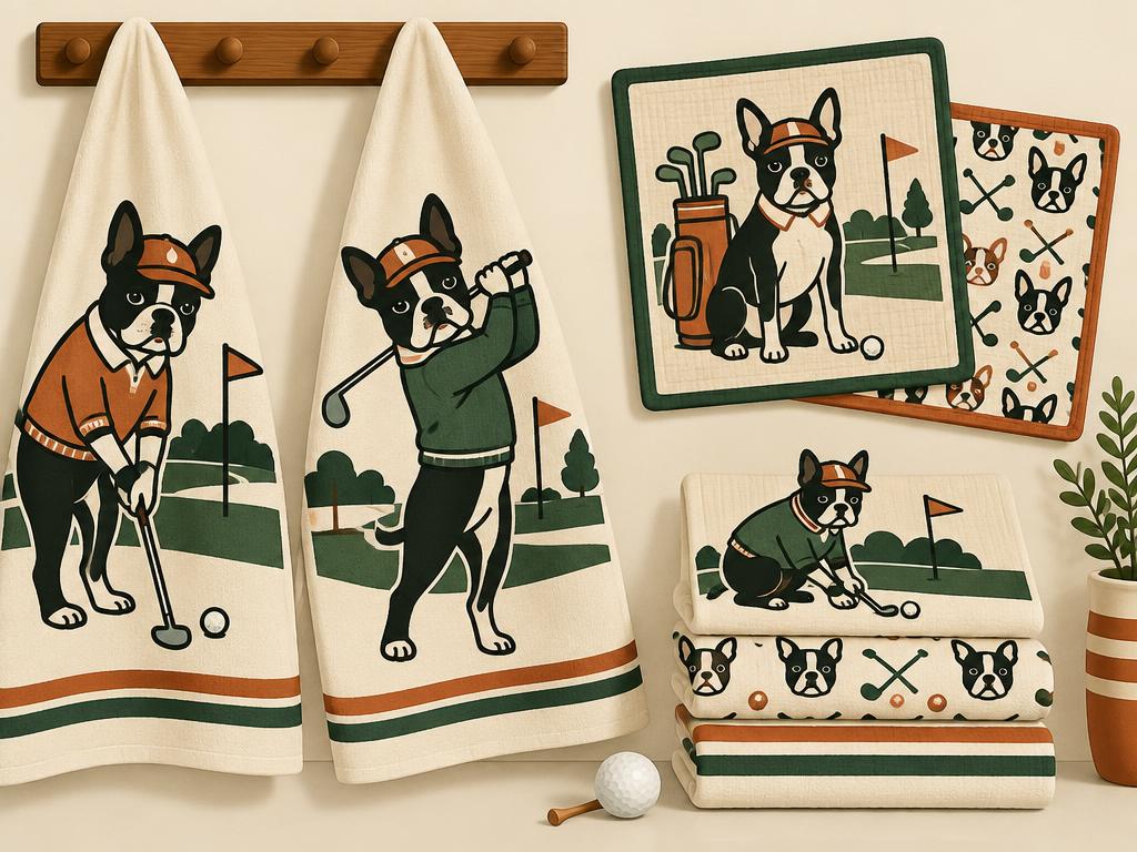 Boston Terrier Golf Kitchen Towels & Dishcloths — gift idea for a Boston Terrier