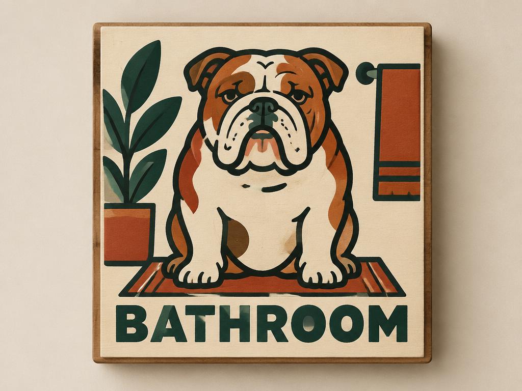 English Bulldog Bathroom Wooden Box Sign, 5x5" — gift idea for a English Bulldog