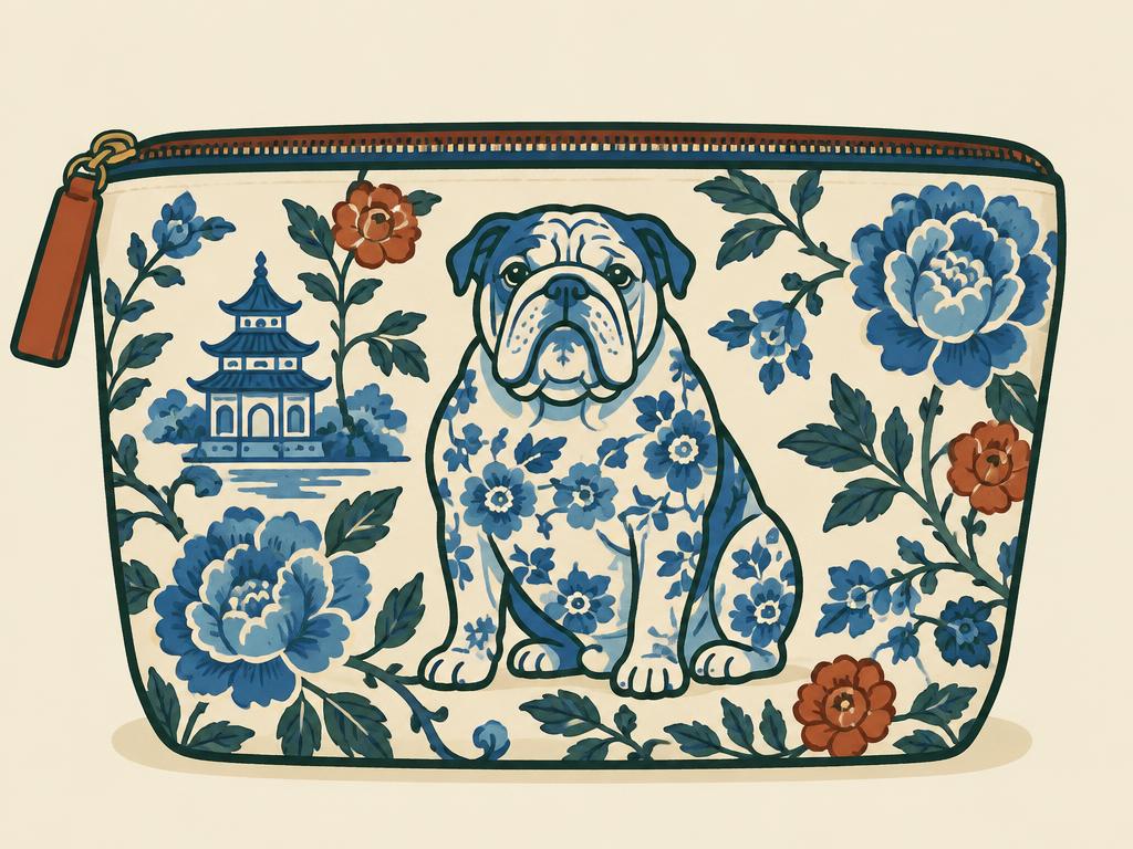 English Bulldog Chinoiserie Blue Floral Makeup Bag — gift idea for a English Bulldog