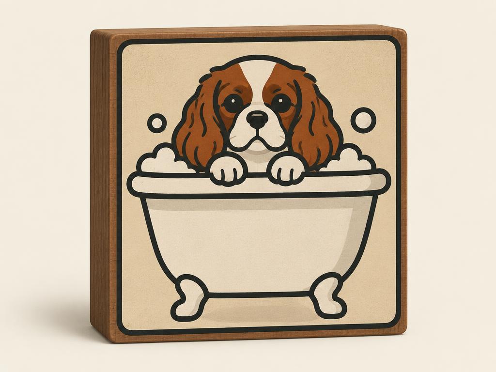 Cavalier King Charles Bathroom Wooden Box Sign, 5x5" — gift idea for a Cavalier Spaniel