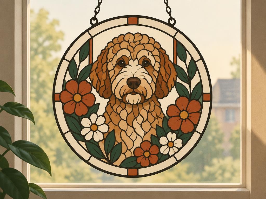 Labradoodle Flower Stained Glass Window Suncatcher — gift idea for a Labradoodle