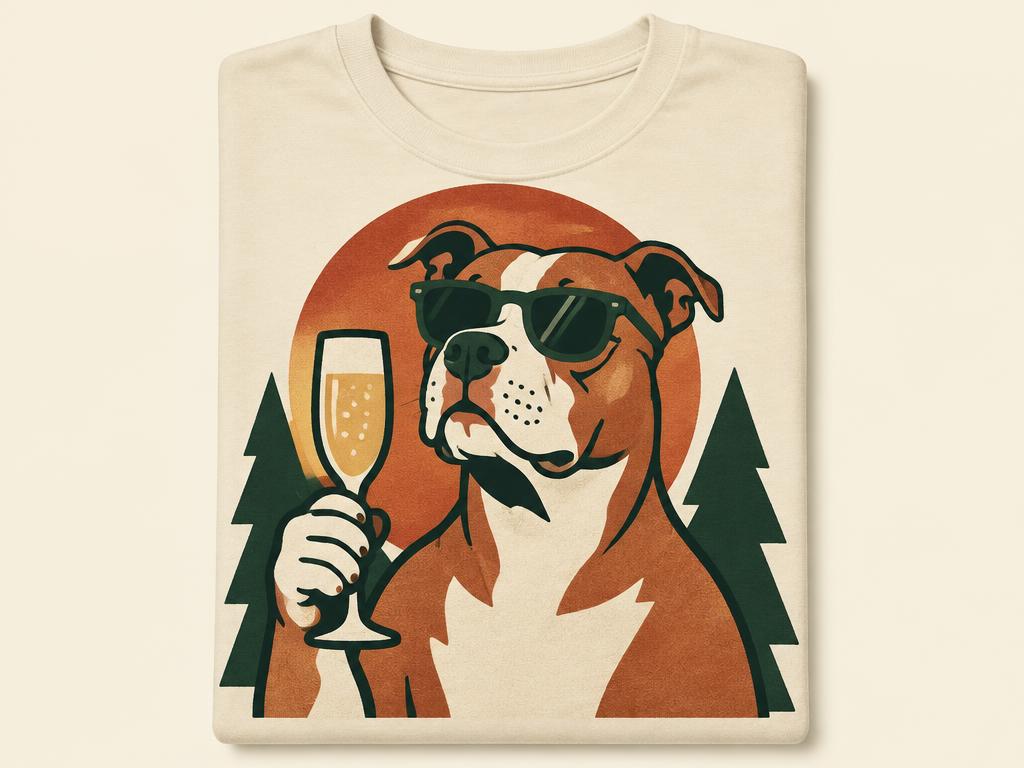 Vintage Pitbull Drinking Champagne in Sunglasses T-Shirt — gift idea for a Pit Bull