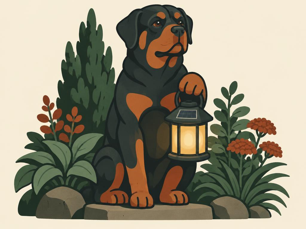 Rottweiler Garden Statue Holding Solar Lantern — gift idea for a Rottweiler